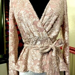 Velvet Design Shirt, v-neck, crisscross design, tie at waist, small